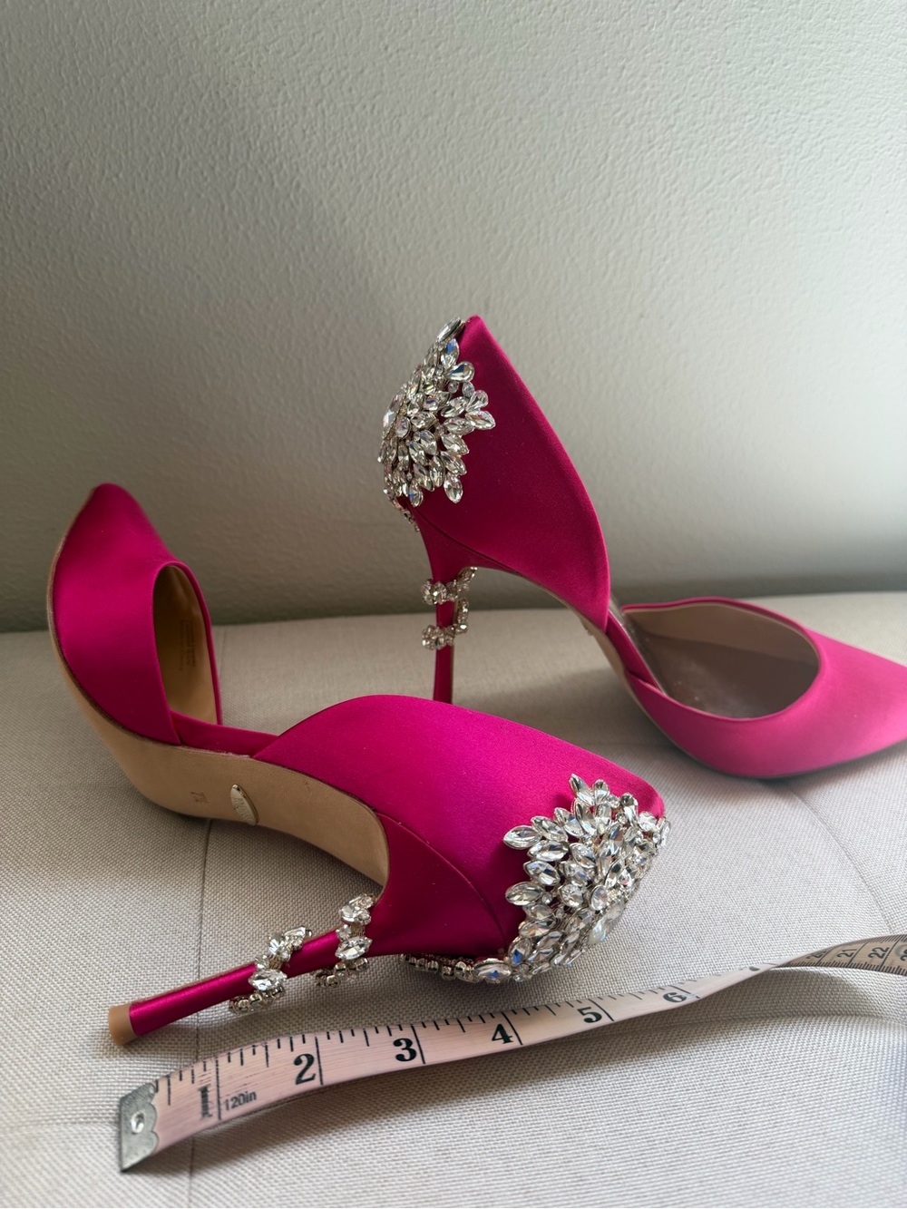 Badgley Mischka Hot Pink Satin Crystal-Embellished Pointed D'Orsay Pumps - Picture 3 of 5
